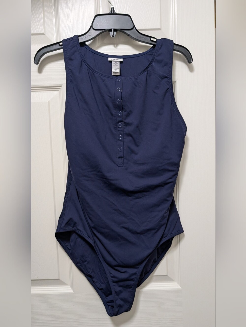 Andie Swimsuit XLT Malibu One Piece Navy Blue Ribbed Snap Front Henley Modern